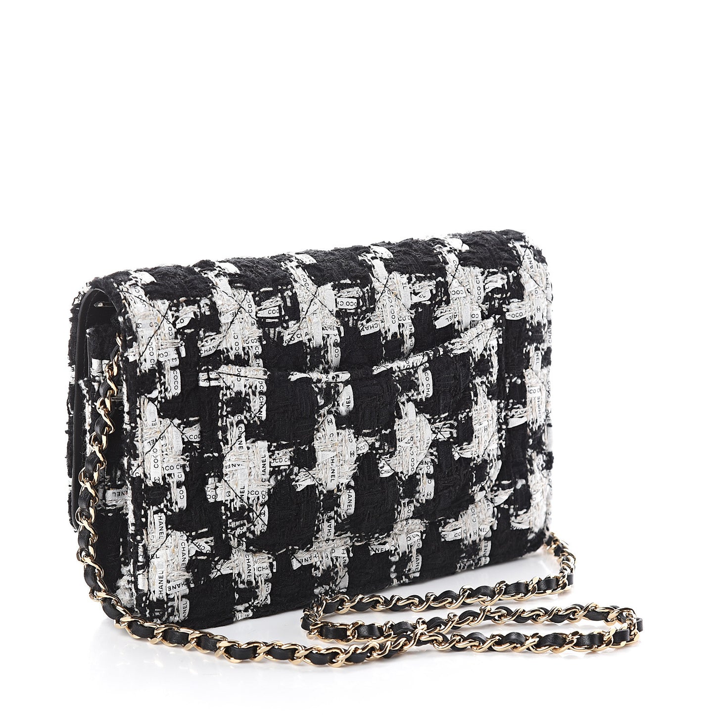 Tweed Quilted Wallet On Chain WOC Black Ecru White