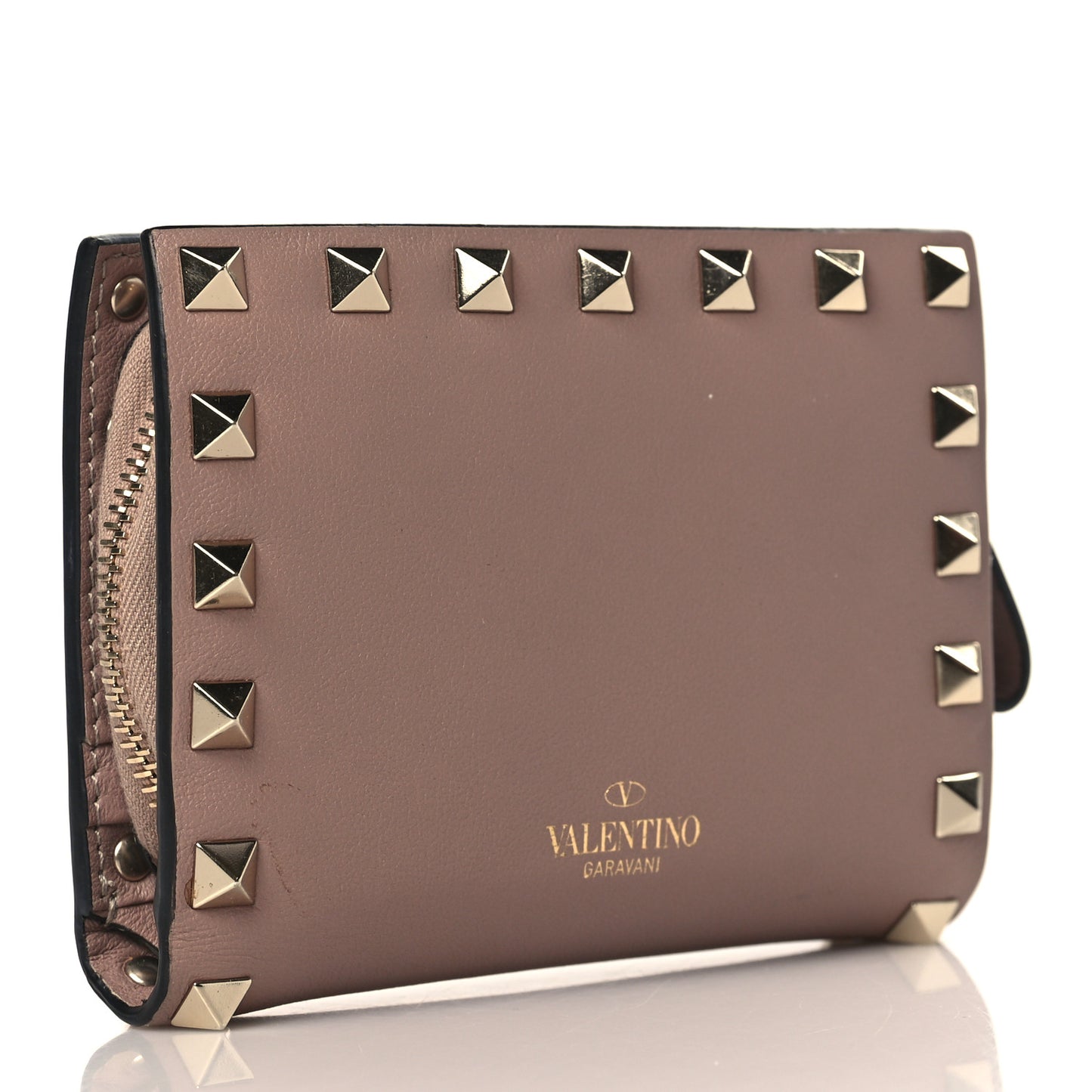 Calfskin Rockstud Compact Bi-Fold Wallet Poudre