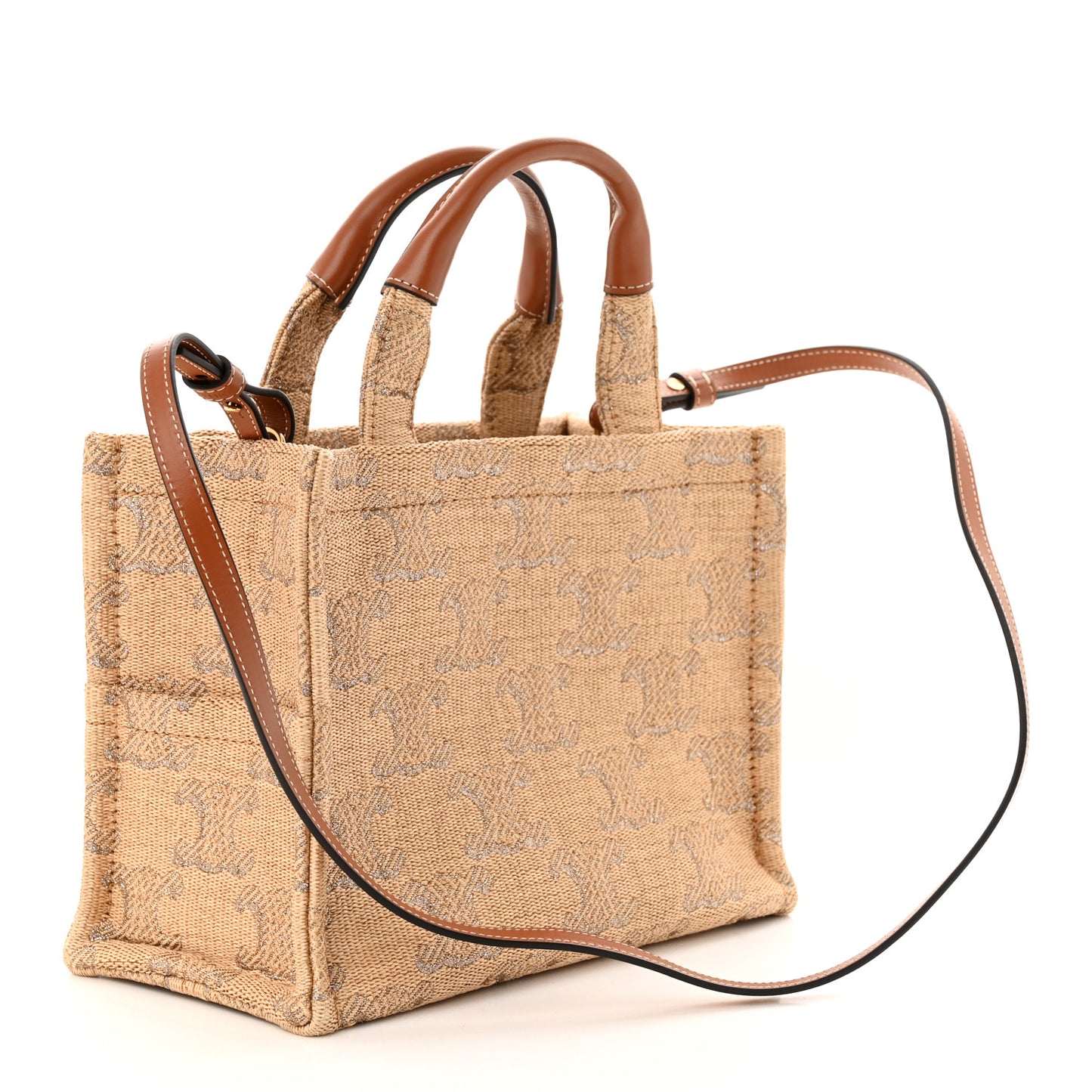 Raffia Effect Calfskin Triomphe Jacquard Small Cabas Thais Natural Black