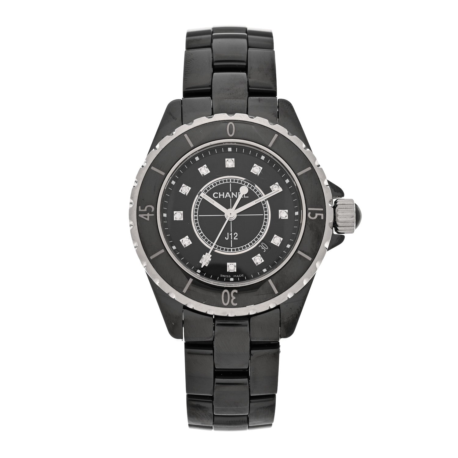 Chanel Stainless Steel Ceramic Diamond 33mm J12 Quartz Watch Black 1 of 5