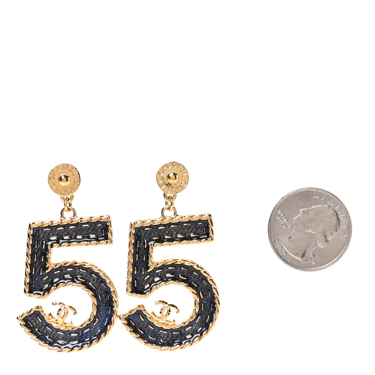 Metal Enamel CC No 5 Rope Drop Earrings Gold Denim Blue