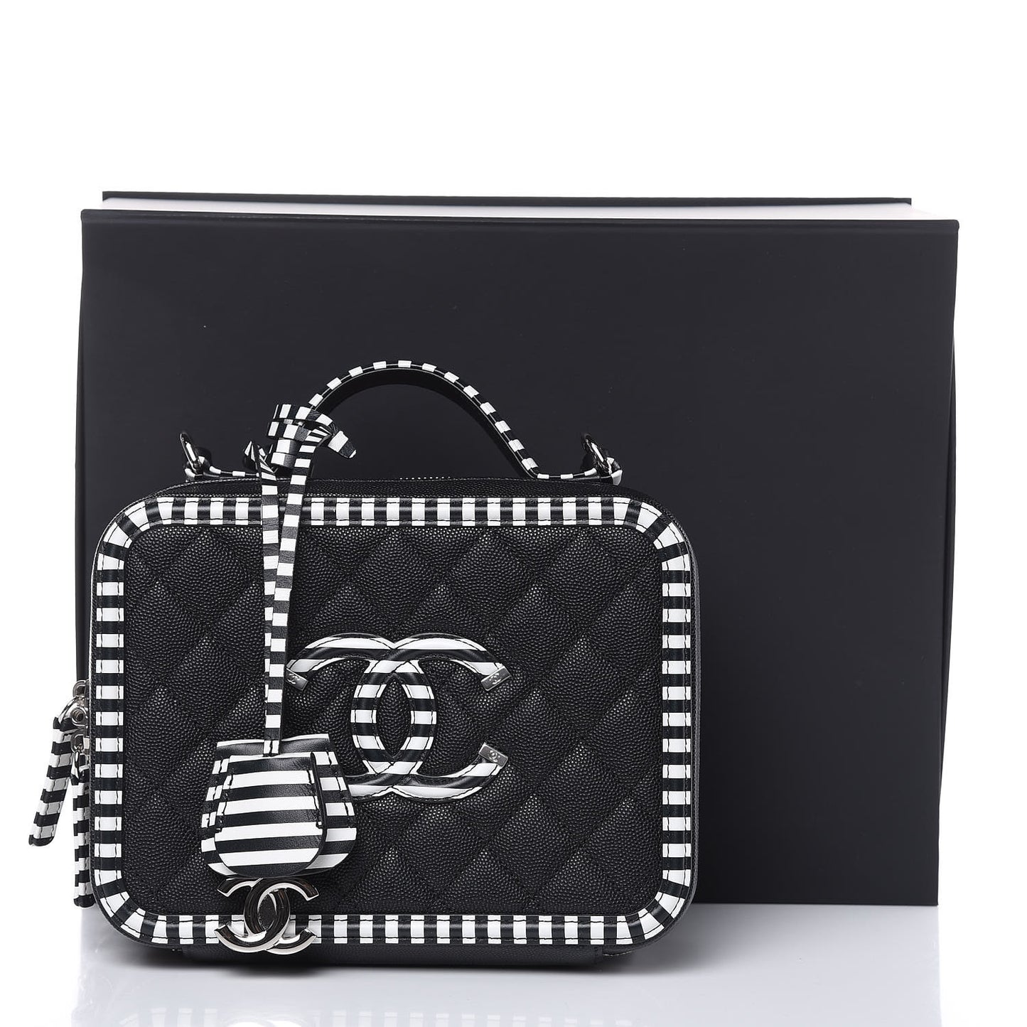 Caviar Quilted Striped Medium CC Filigree Vanity Case Black White