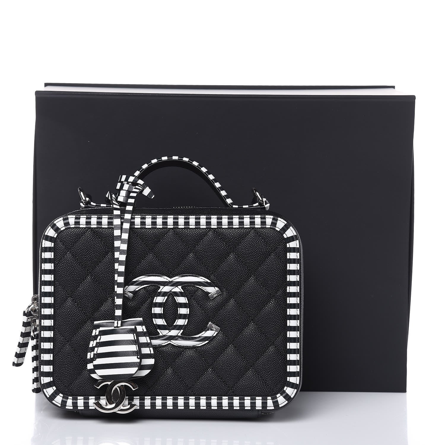 Chanel Caviar Quilted Striped Medium CC Filigree Vanity Case Black White 8 of 8