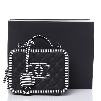 Chanel Caviar Quilted Striped Medium CC Filigree Vanity Case Black White 8 of 8