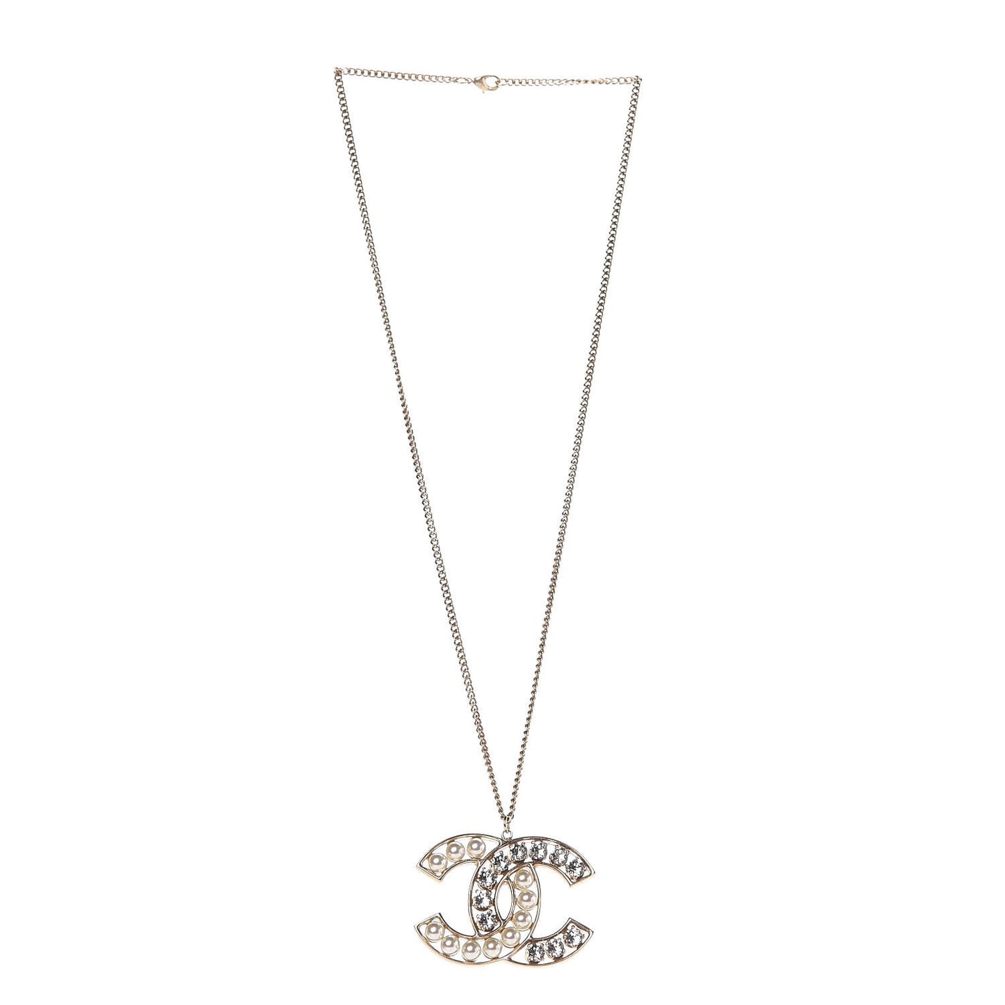 Crystal Pearl CC Pendant Necklace Gold