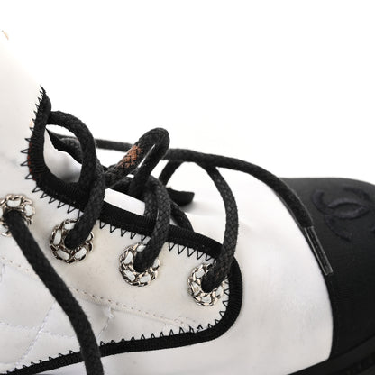 Chanel Fabric Grosgrain Quilted Cap Toe Lace Up Combat Boots 38.5 White Black 9 of 9