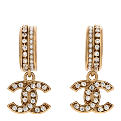 Chanel Crystal Pearl CC Hoop Drop Earrings Gold 1 of 5