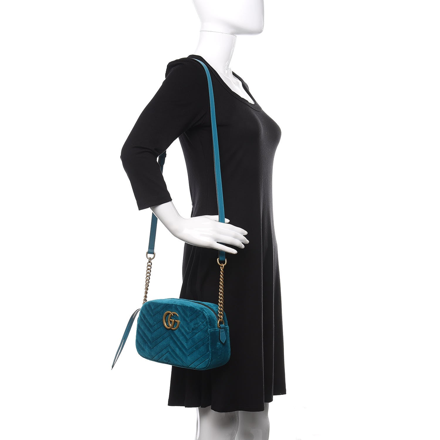 Gucci Velvet Matelasse Small GG Marmont Chain Shoulder Bag Pavone Cyan 2 of 10