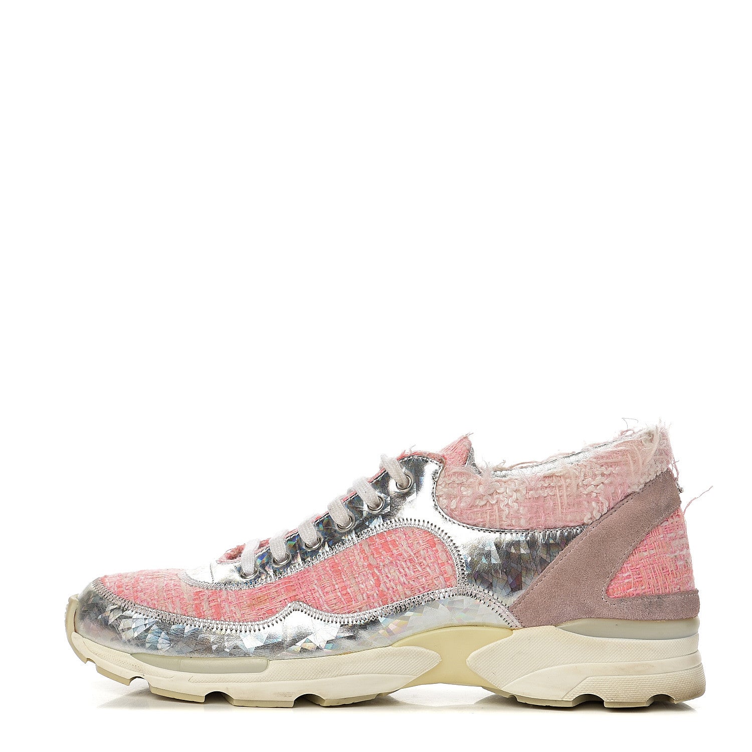 Chanel Tweed Suede Calfskin Sneakers 39 Silver Pink 1 of 11