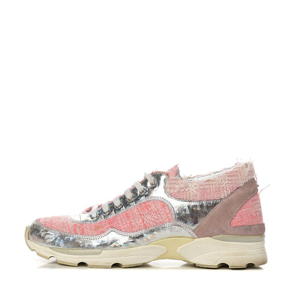 Chanel Tweed Suede Calfskin Sneakers 39 Silver Pink 1 of 11