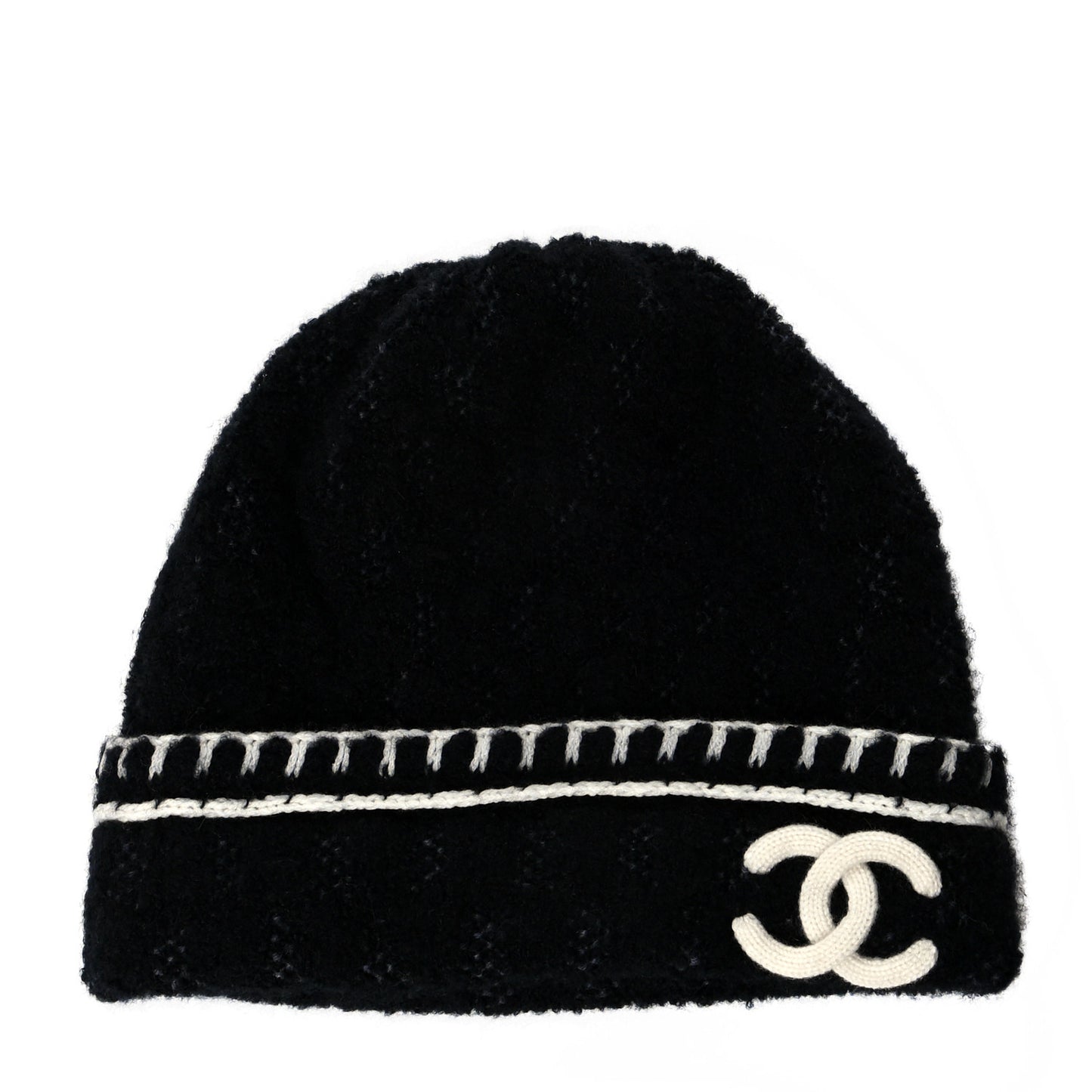 Cashmere Wool Silk CC Beanie Hat Black White