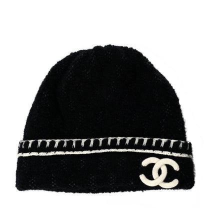 Chanel Cashmere Wool Silk CC Beanie Hat Black White 1 of 5