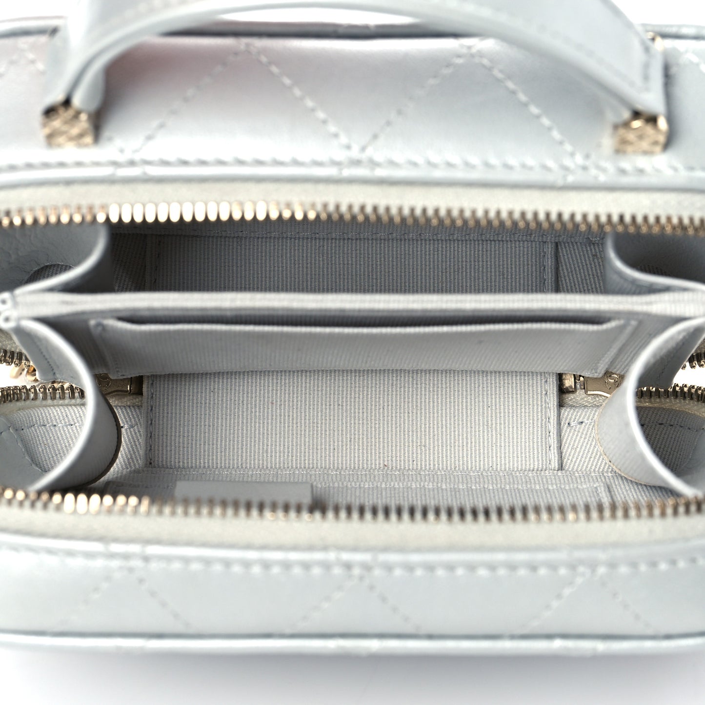 Metallic Lambskin Quilted Top Handle Vanity Case Silver