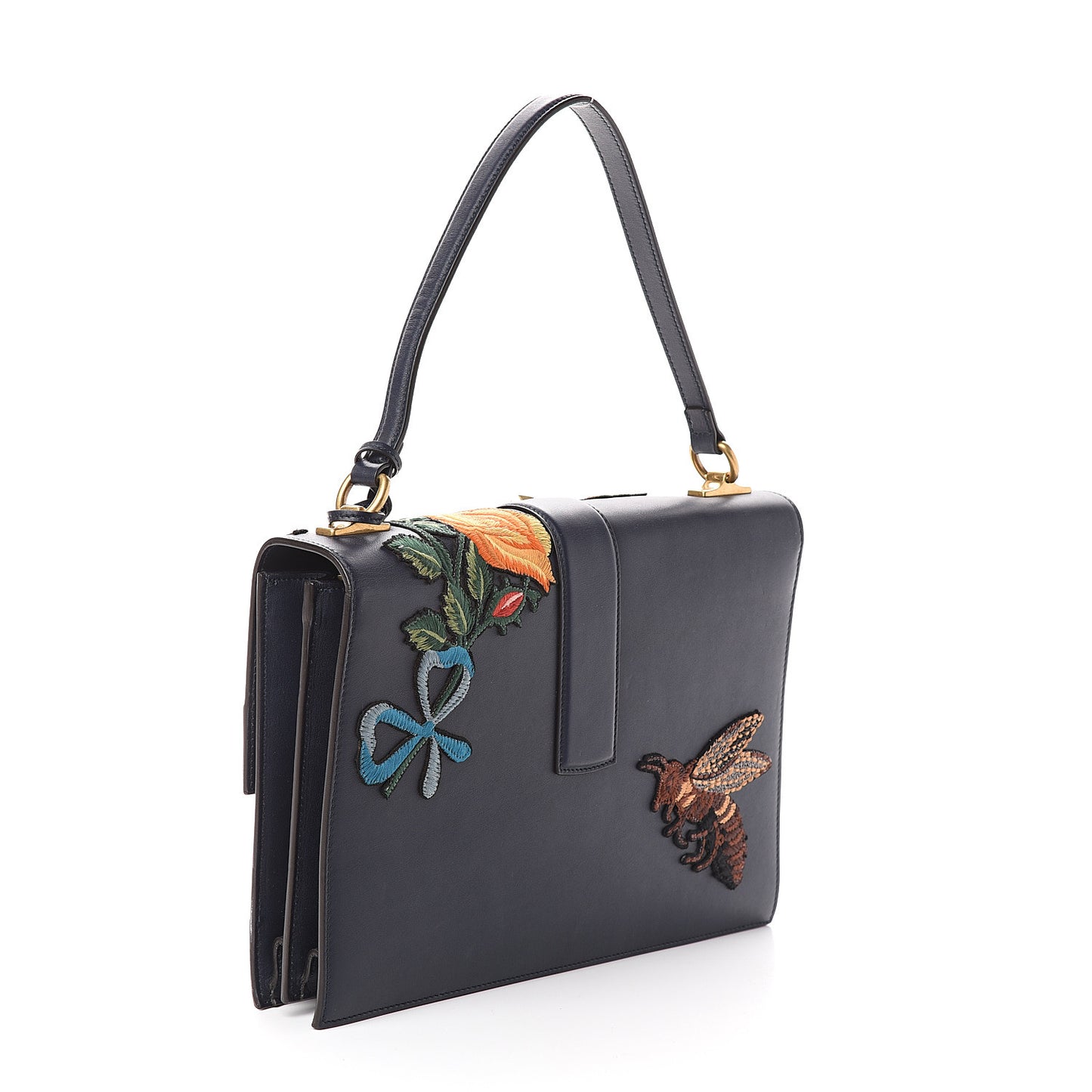 Calfskin Embroidered Riche Stripe Shoulder Bag Blue Red