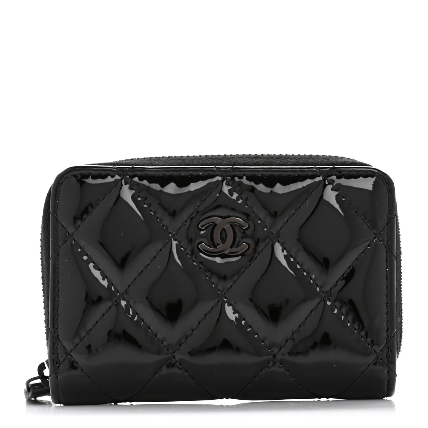 Patent Calfskin Quilted Zip Coin Purse Wallet So Black