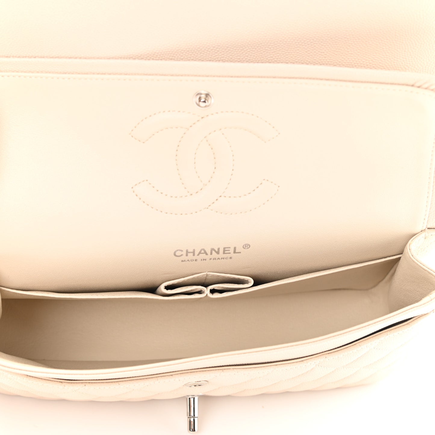 Caviar Quilted Medium Double Flap Light Beige
