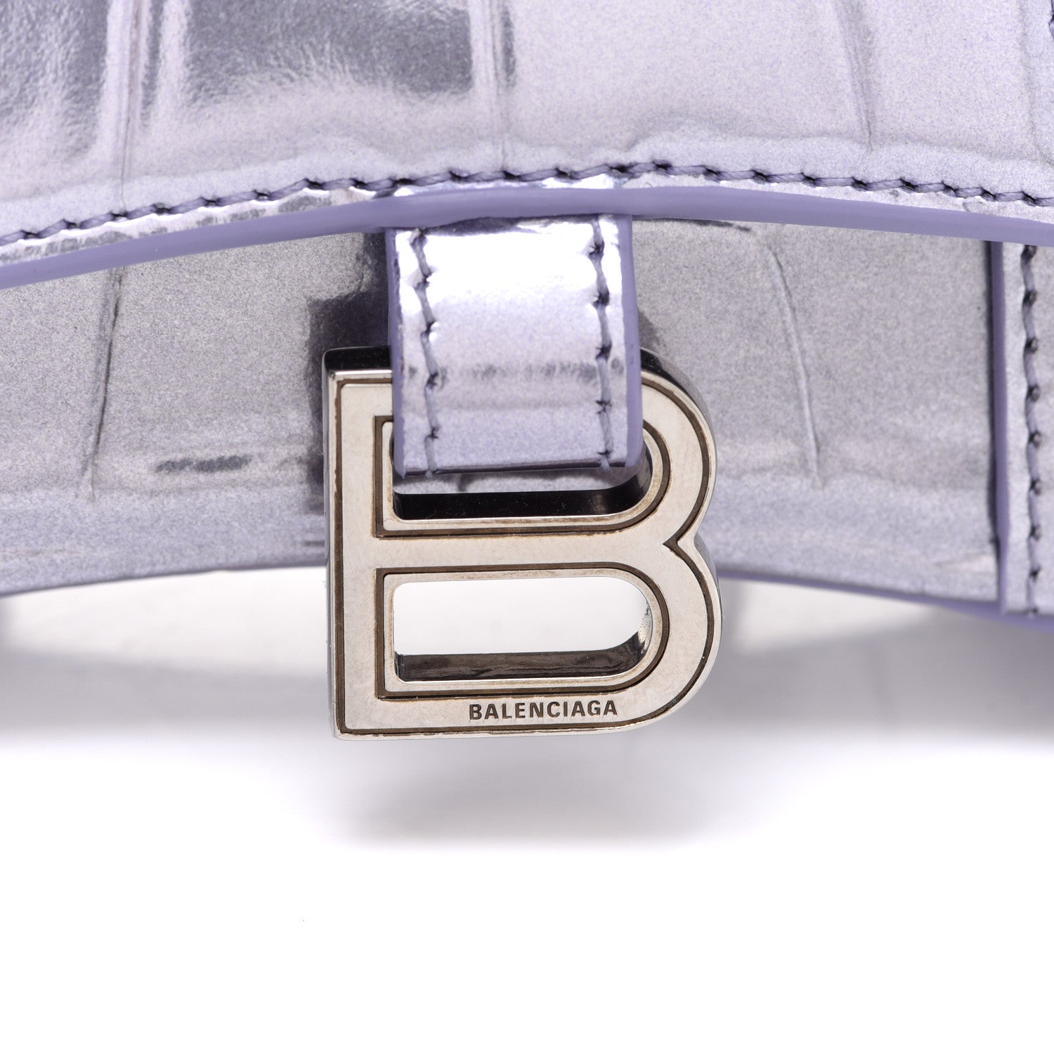 Balenciaga Metallic Calfskin Crocodile Embossed Hourglass Top Handle Bag Mini with Chain Lilac 7 of 9