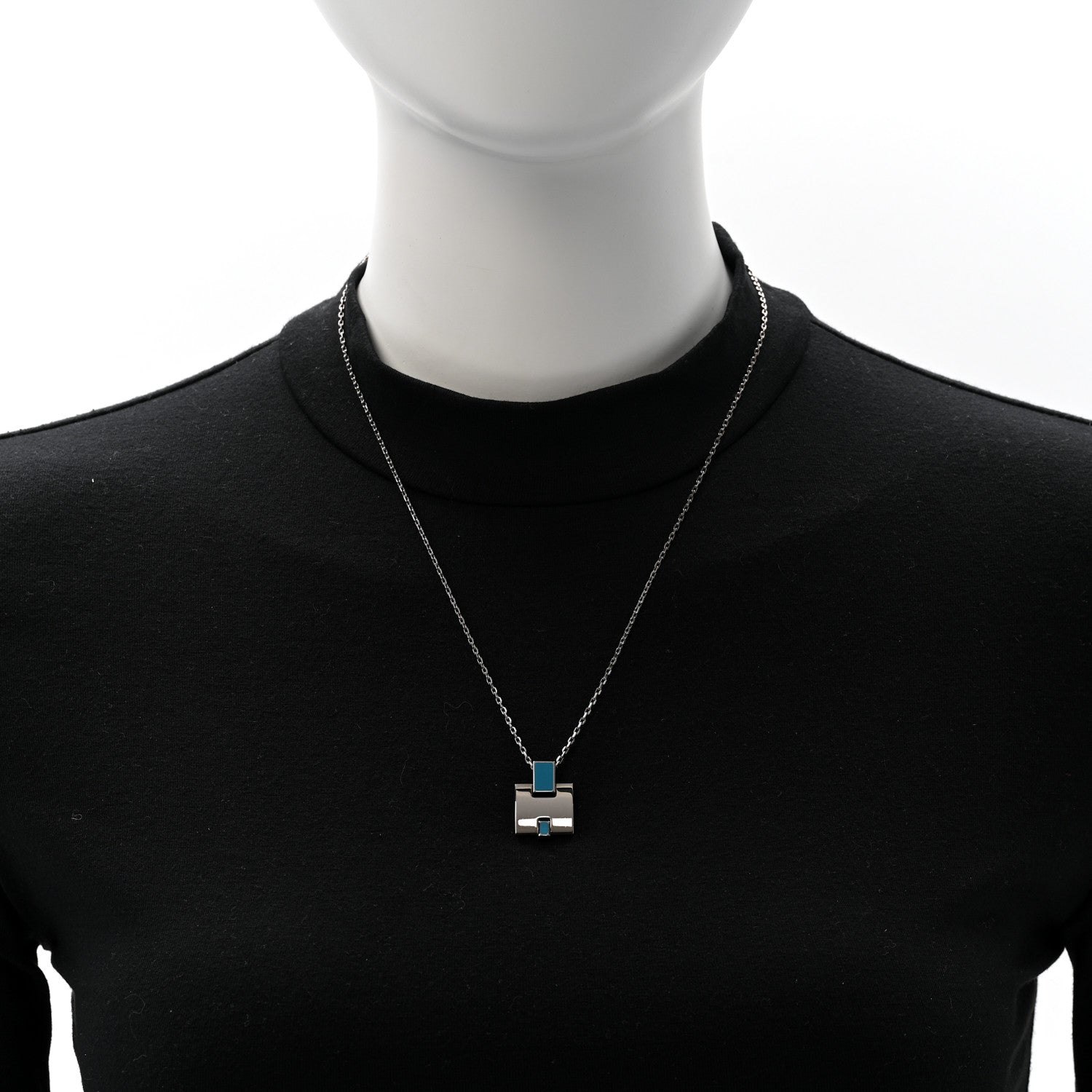Hermes Palladium Lacquered Eileen Pendant Necklace Bleu Zanzibar 2 of 7