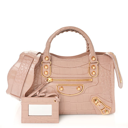 Balenciaga Shiny Supple Calfskin Crocodile Embossed Gold Metallic Edge Hardware Mini City Nude Beige 1 of 8