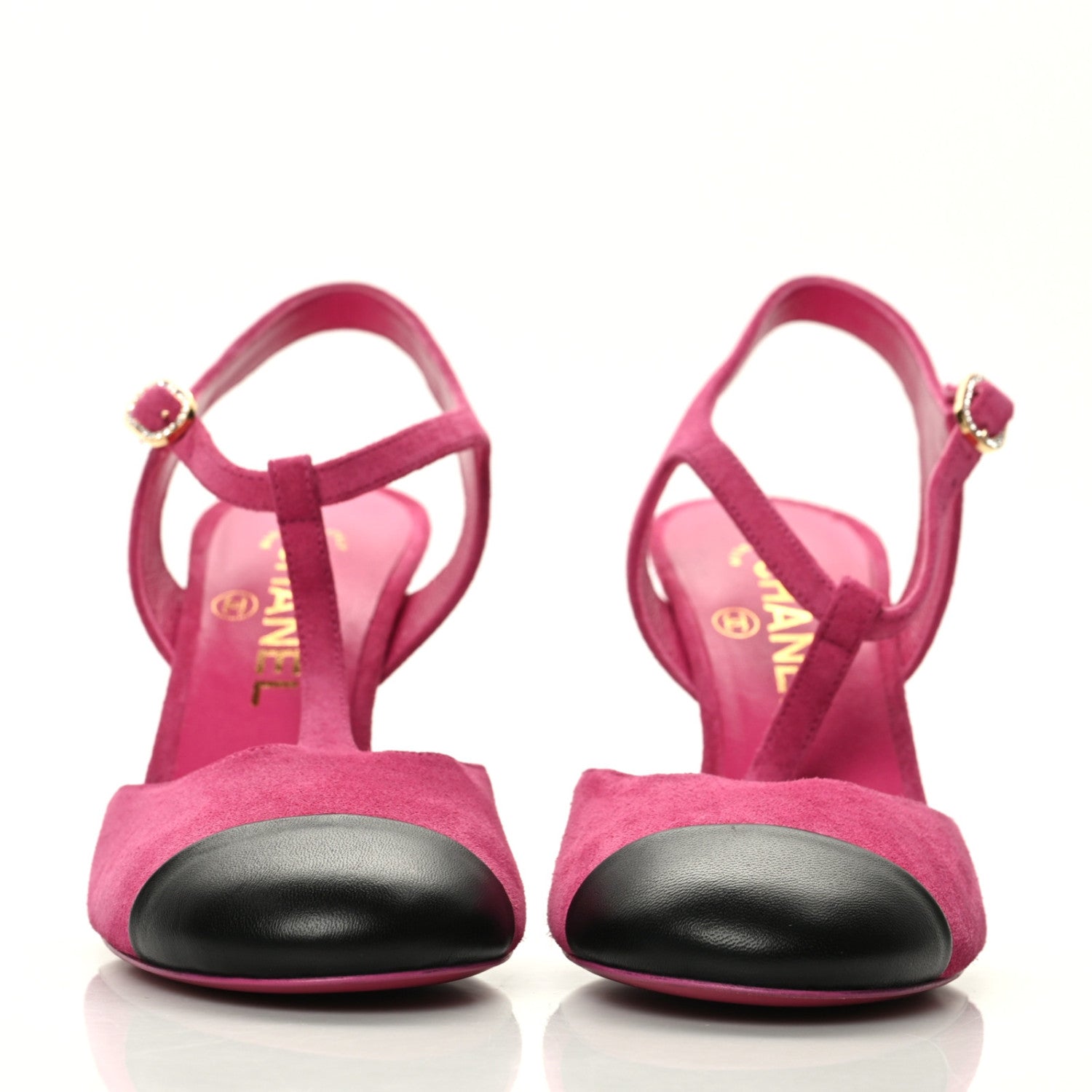 Chanel Suede Lambskin Cap Toe Crystal Slingback Pumps 37 Fuchsia Black 2 of 9