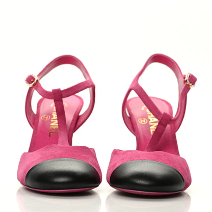 Chanel Suede Lambskin Cap Toe Crystal Slingback Pumps 37 Fuchsia Black 2 of 9