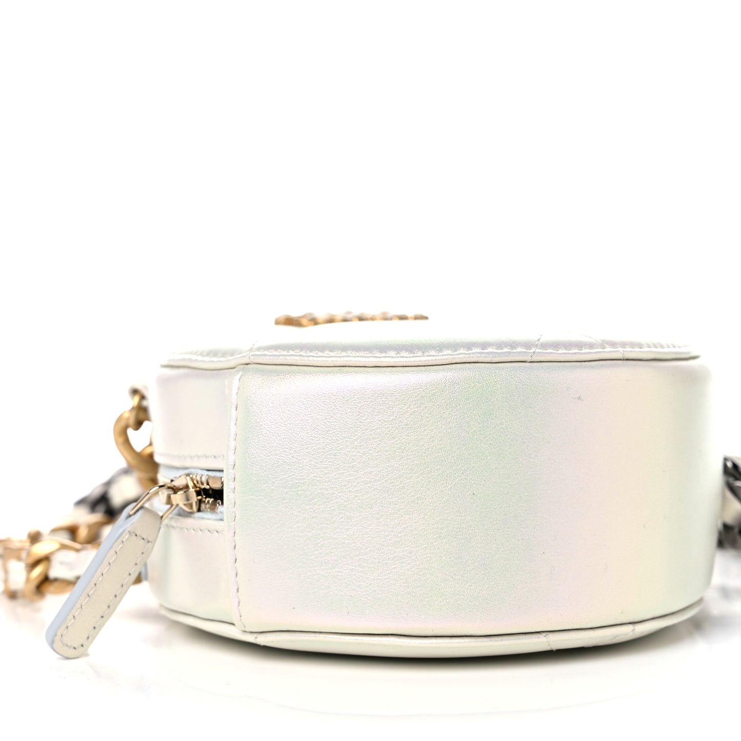 Iridescent Calfskin Quilted Chanel 19 Round Clutch With Chain White