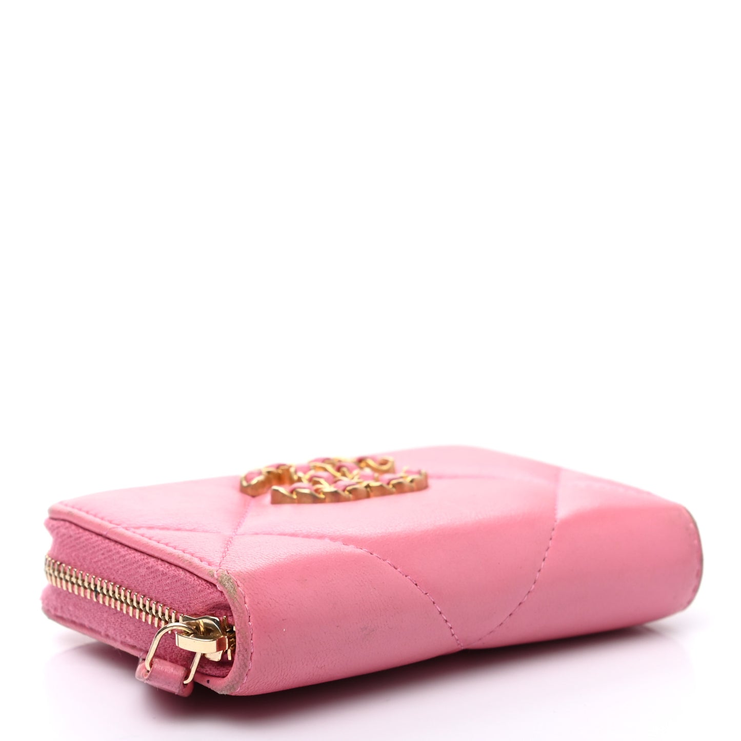 Lambskin Quilted Chanel 19 Zip Around Coin Purse Wallet Pink