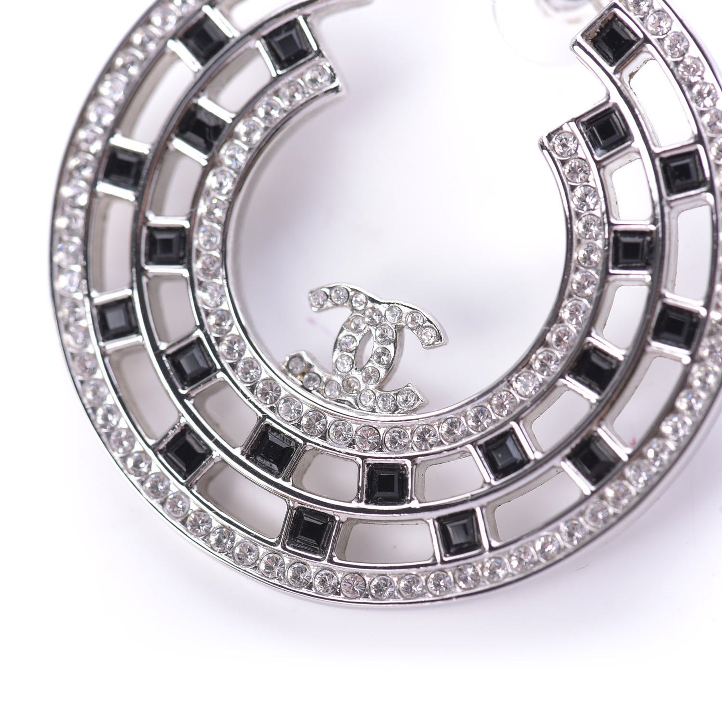 Baguette Crystal CC Hoop Earrings Silver Black