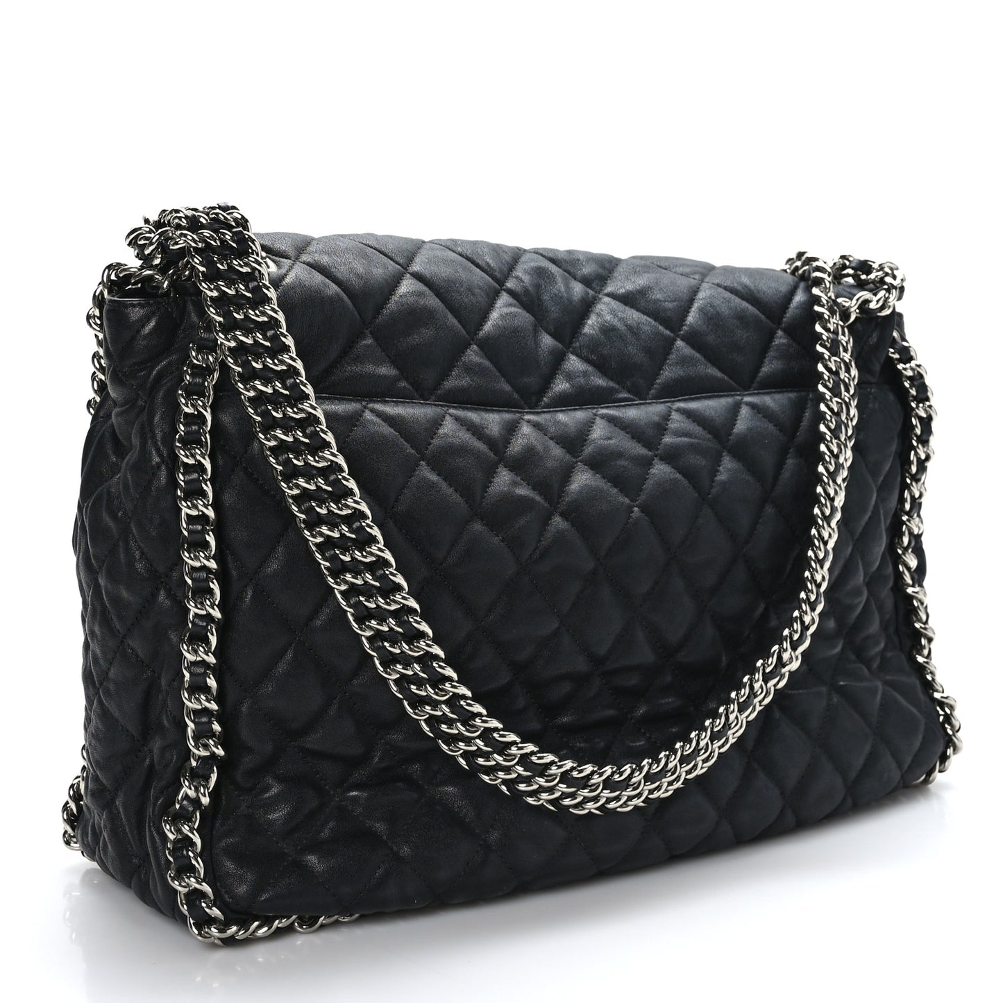 Washed Lambskin Quilted Maxi Chain Around Flap Black
