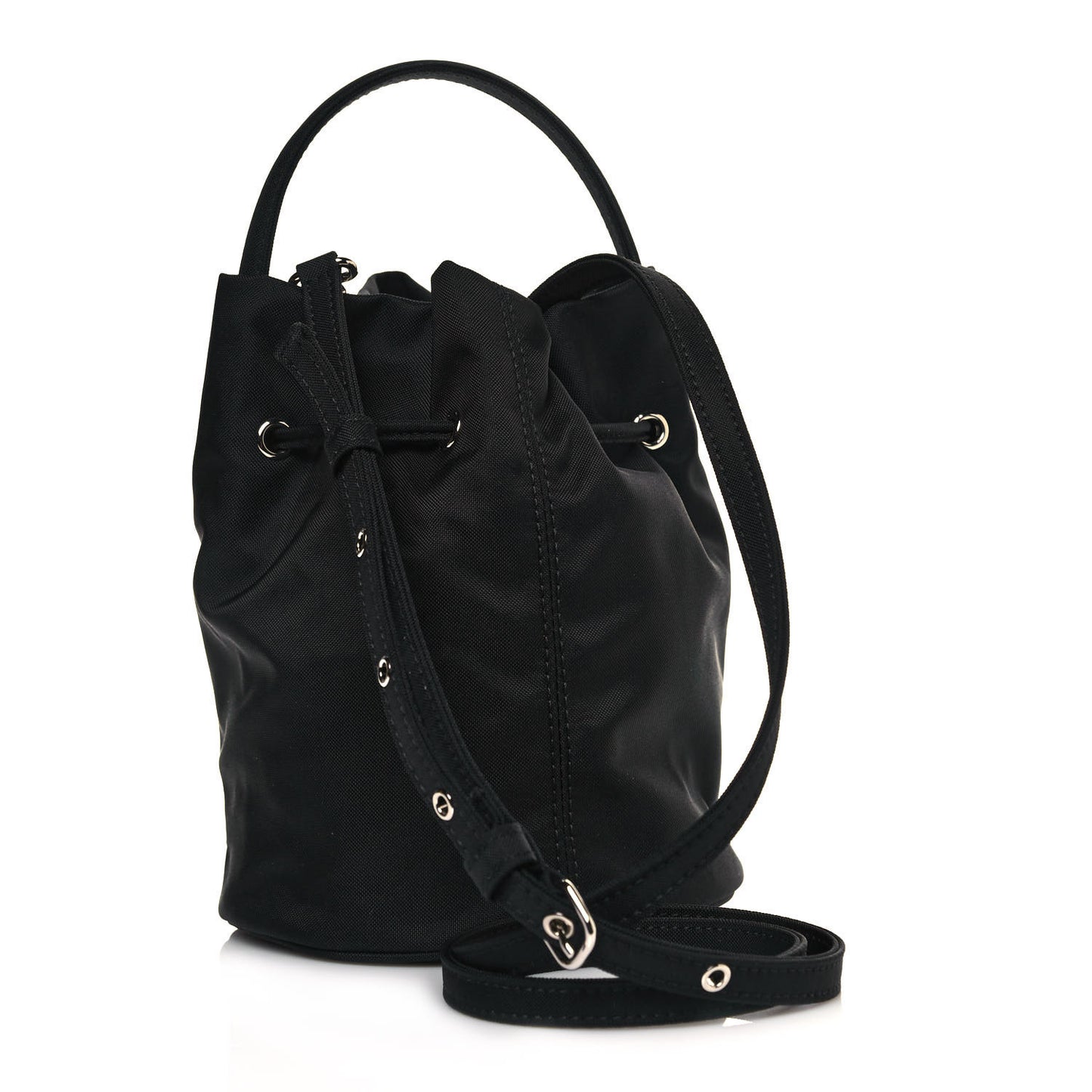 Recycled Sport Nylon Logo Embroidered Wheel Drawstring Bucket Bag XS Black