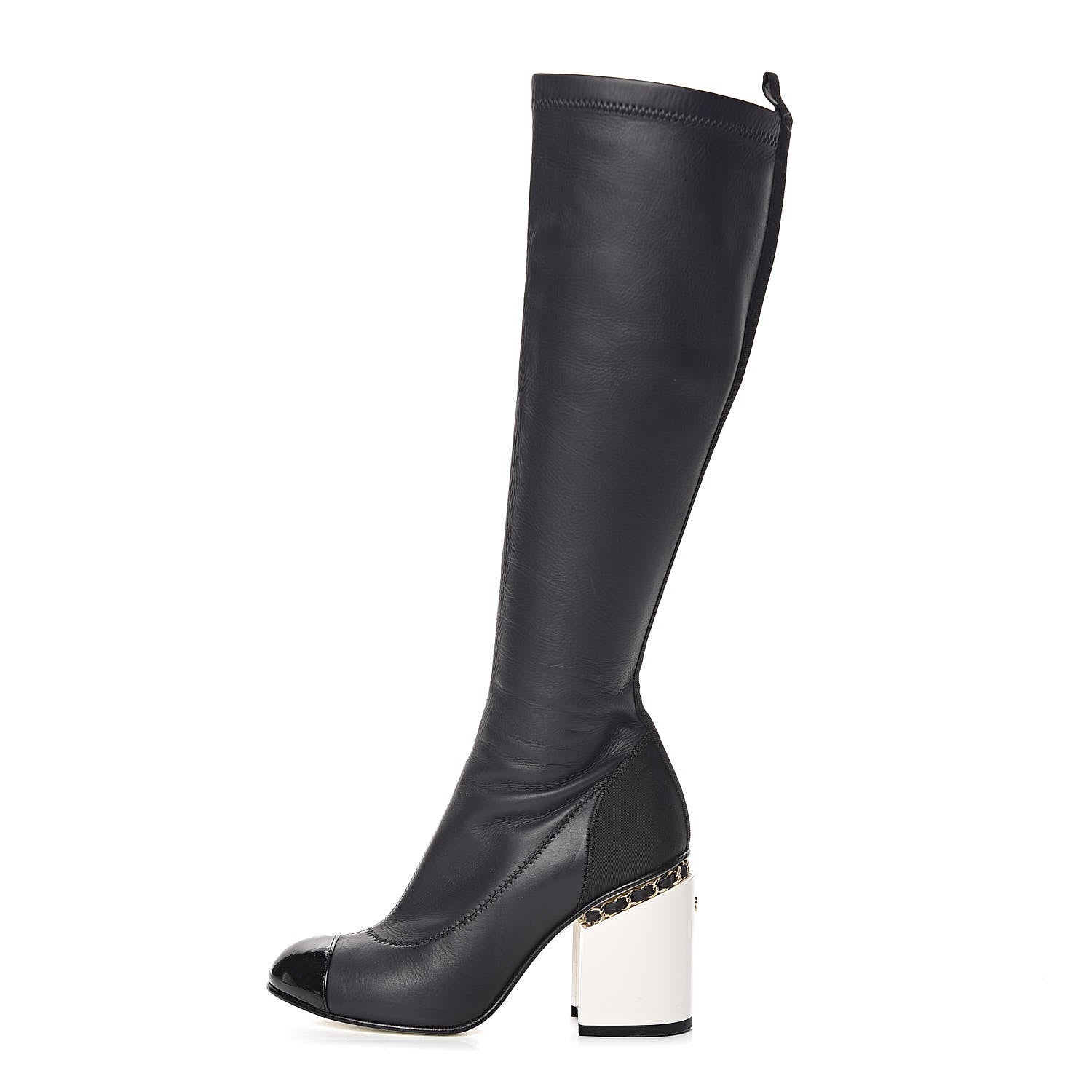 Chanel Calfskin Patent Grosgrain Chain Cap Toe High Boots 35 Black White 1 of 13