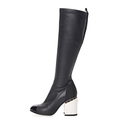 Chanel Calfskin Patent Grosgrain Chain Cap Toe High Boots 35 Black White 1 of 13