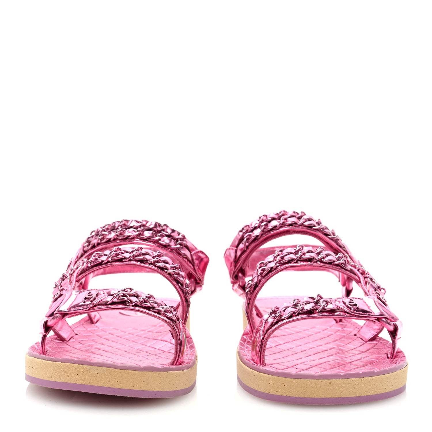 Chanel Metallic Laminated Goastkin Chain Flat Sandals 38.5 Pink 2 of 8