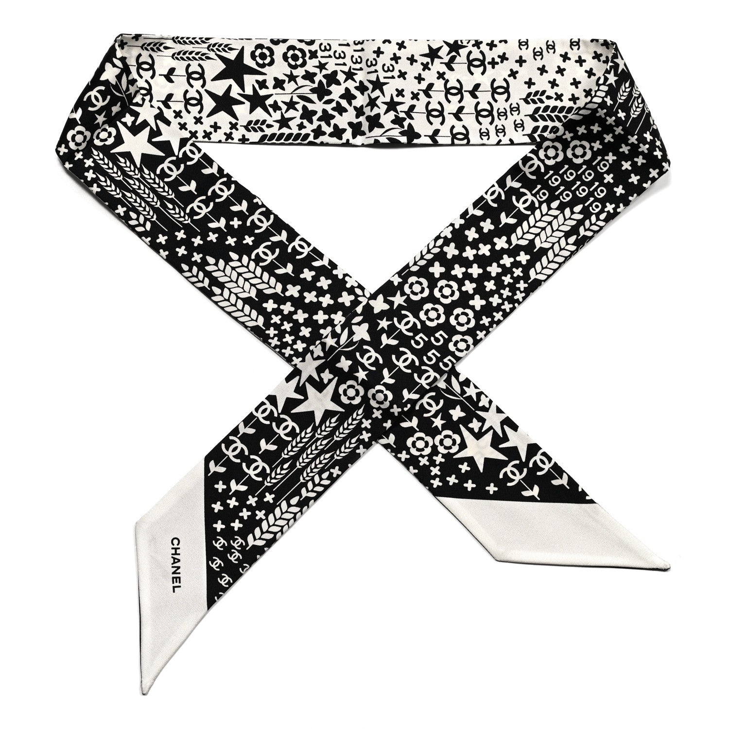 Chanel Silk CC Slim Bandeau Scarf Black Ecru 1 of 3