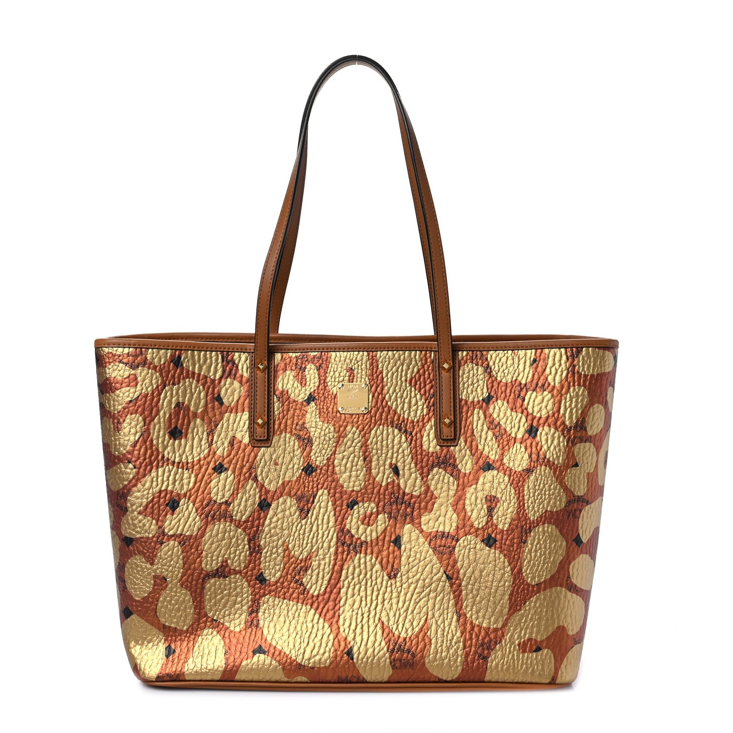 Visetos Metallic Leopard Print Medium Anya Shopper Tote Cognac