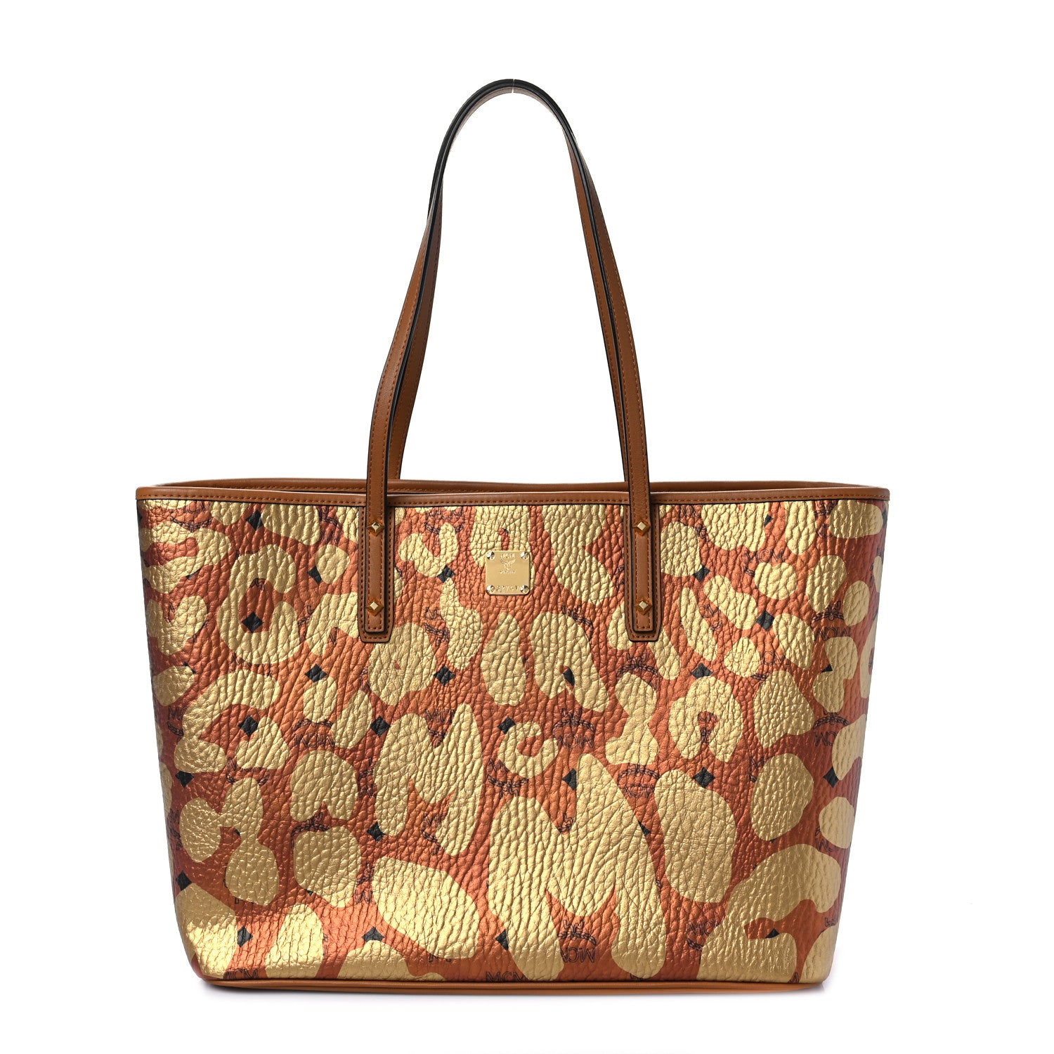 MCM Visetos Metallic Leopard Print Medium Anya Shopper Tote Cognac 1 of 7