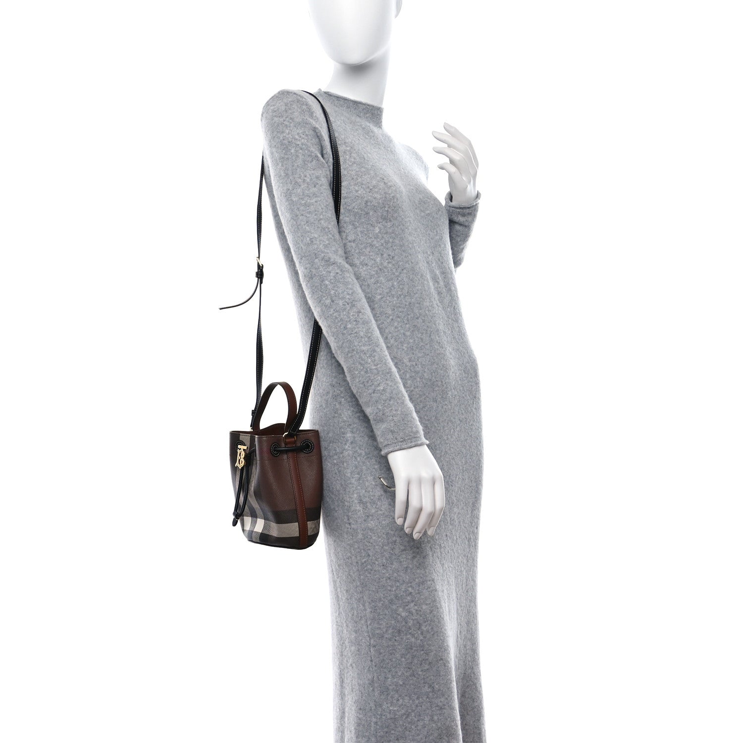 Burberry Giant Check Calfskin TB Mini Bucket Bag Dark Birch 2 of 9