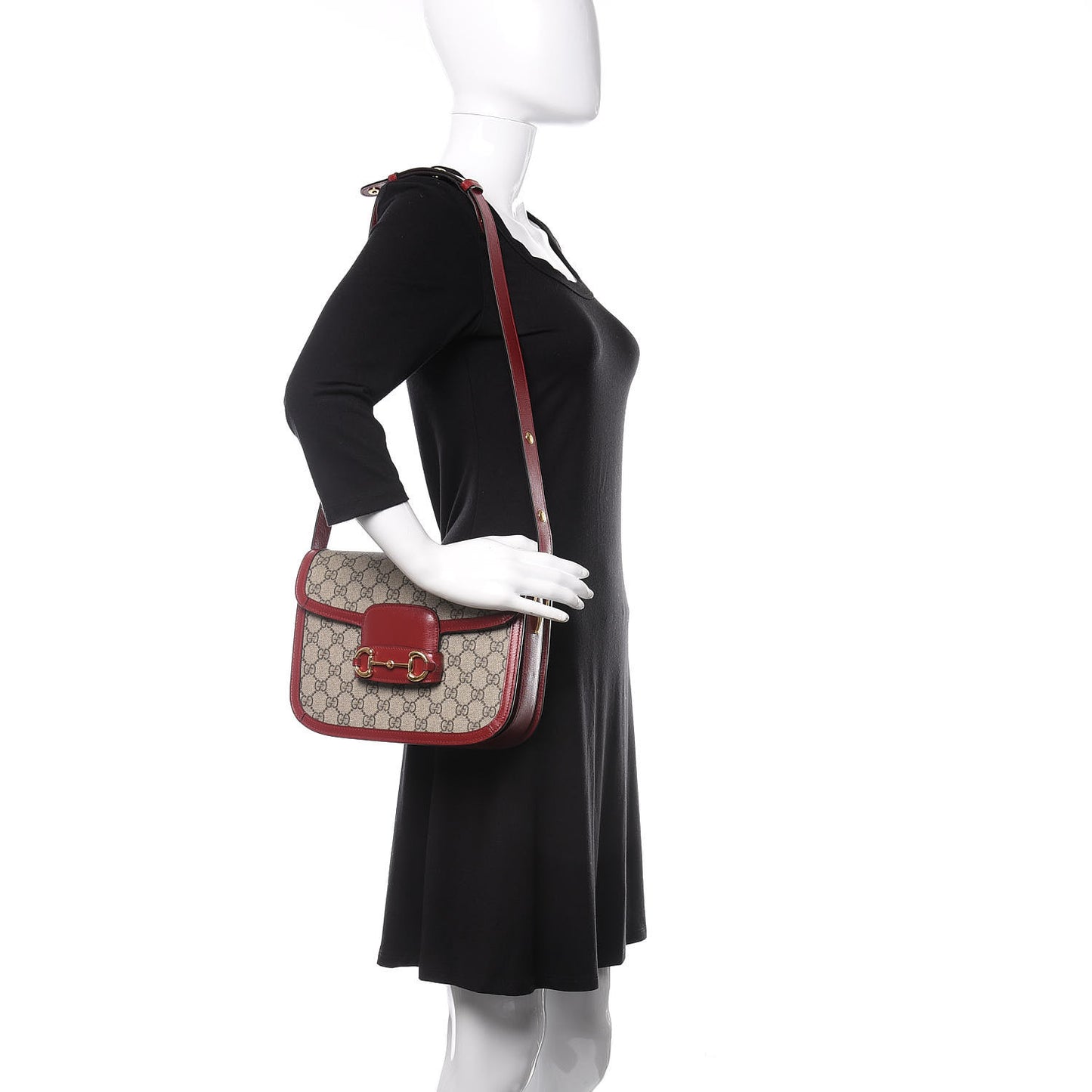 GG Supreme Monogram Azalea Calfskin Horsebit 1955 Shoulder Bag Beige Ebony New Cherry Red