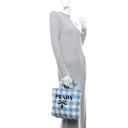 Prada Yarn Raffia Effect Crochet Embroidered Small Logo Tote Celeste 2 of 9