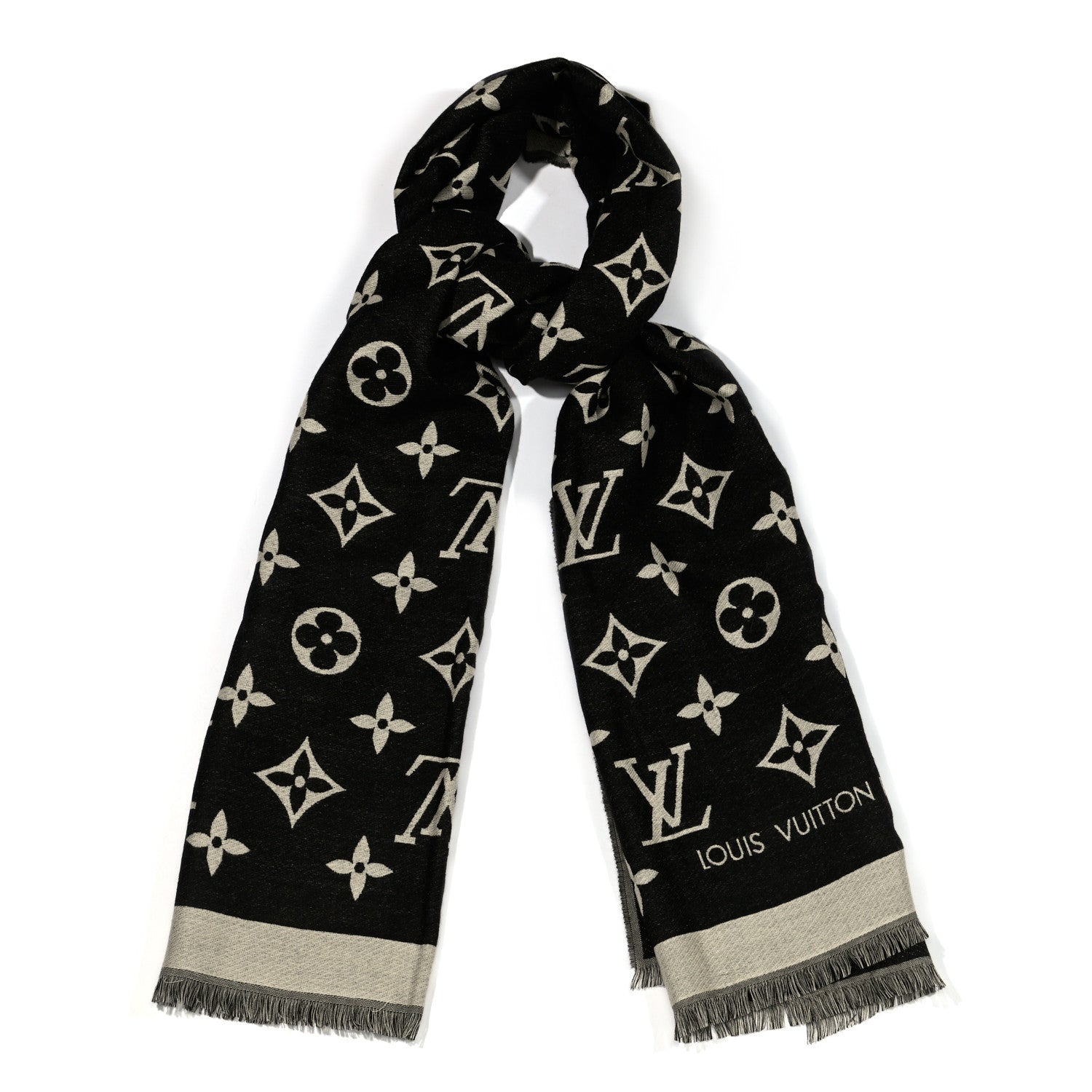 Louis Vuitton Silk Wool Monogram Miss LV Stole Black 1 of 5