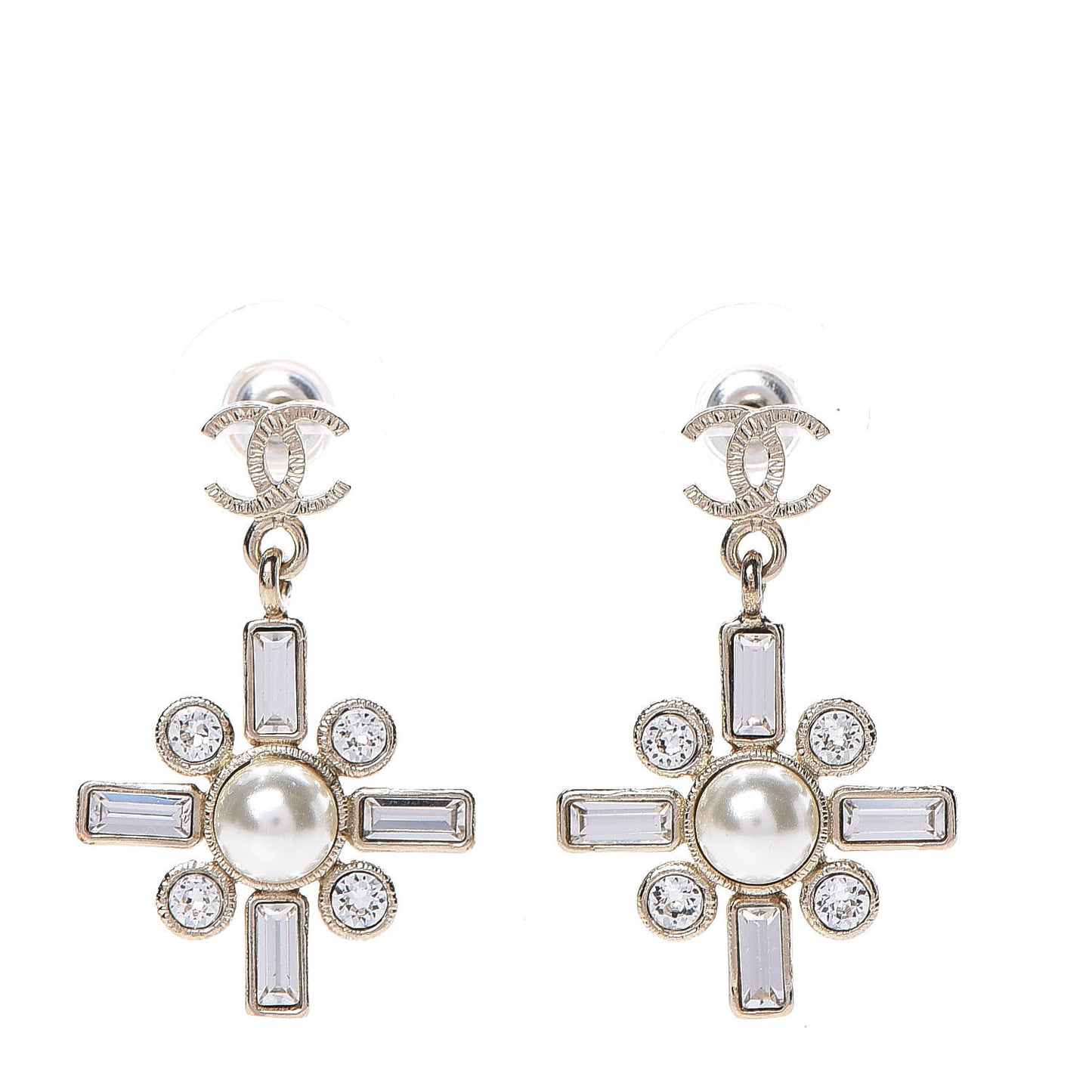 Crystal Baguette Pearl Sparkling Pearl CC Drop Earrings Light Gold