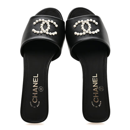 Chanel Lambskin Pearl CC Sandals 36.5 Black 2 of 9