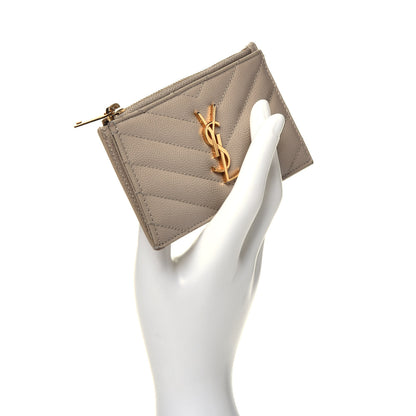 Saint Laurent Grain De Poudre Matelasse Chevron Monogram Fragments Zippered Card Case Sea Salt 2 of 7