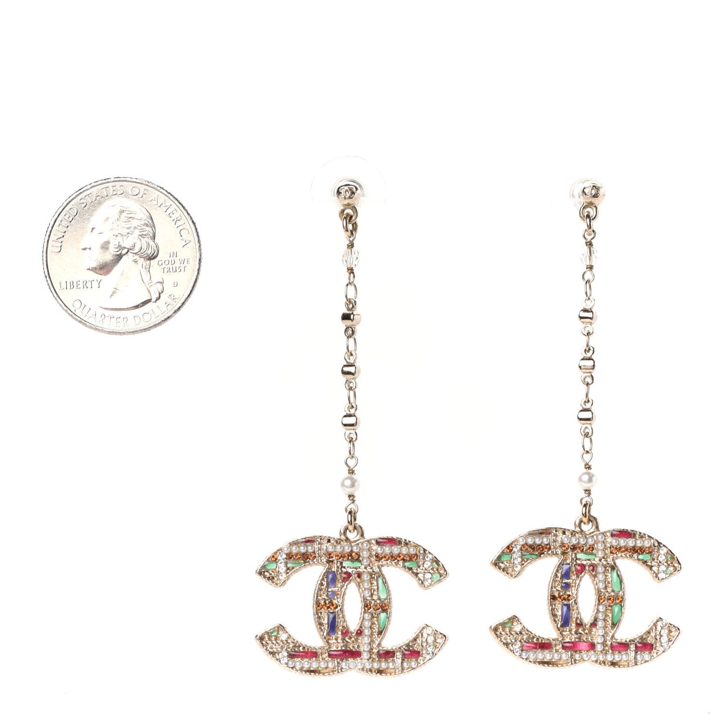 Pearl Crystal CC Tweed Drop Earrings Gold Brown Green