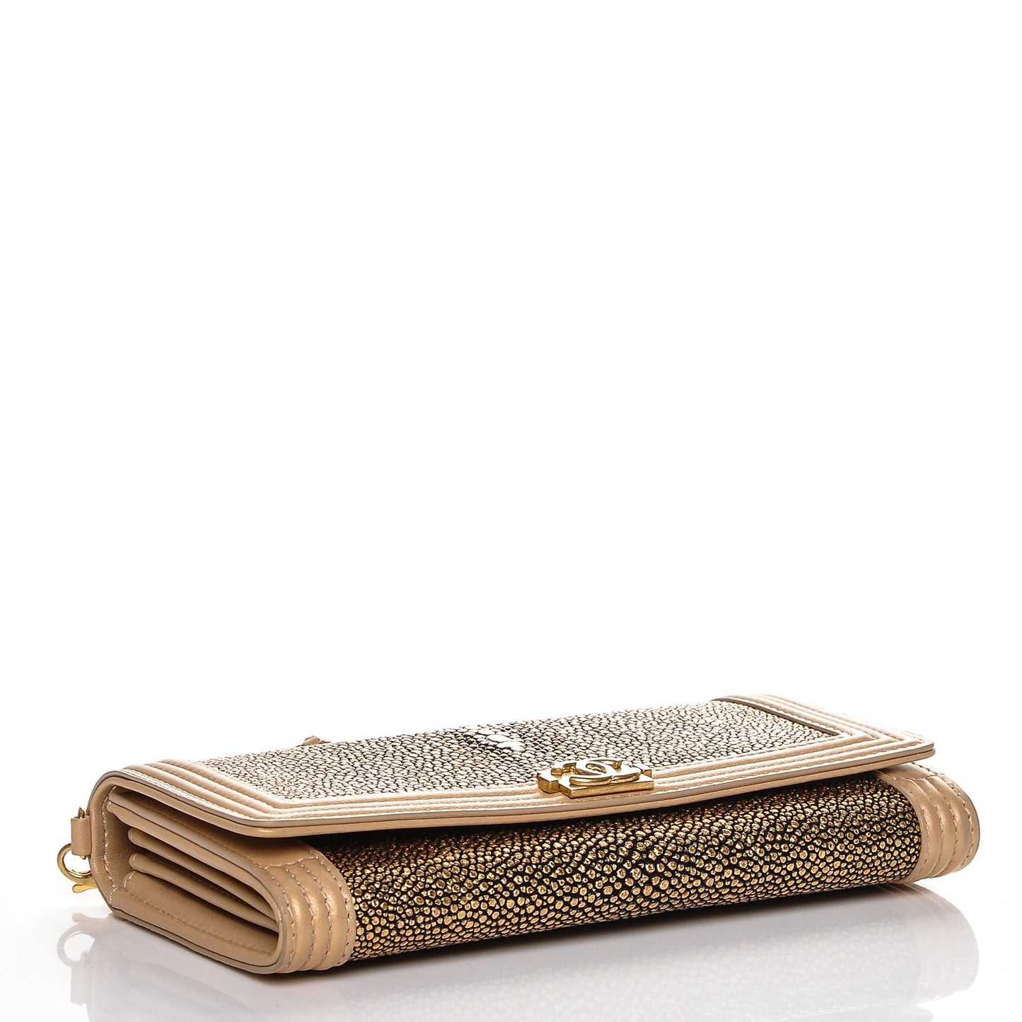 Metallic Galuchat Stingray Lambskin Boy Wallet With Removable Chain Gold