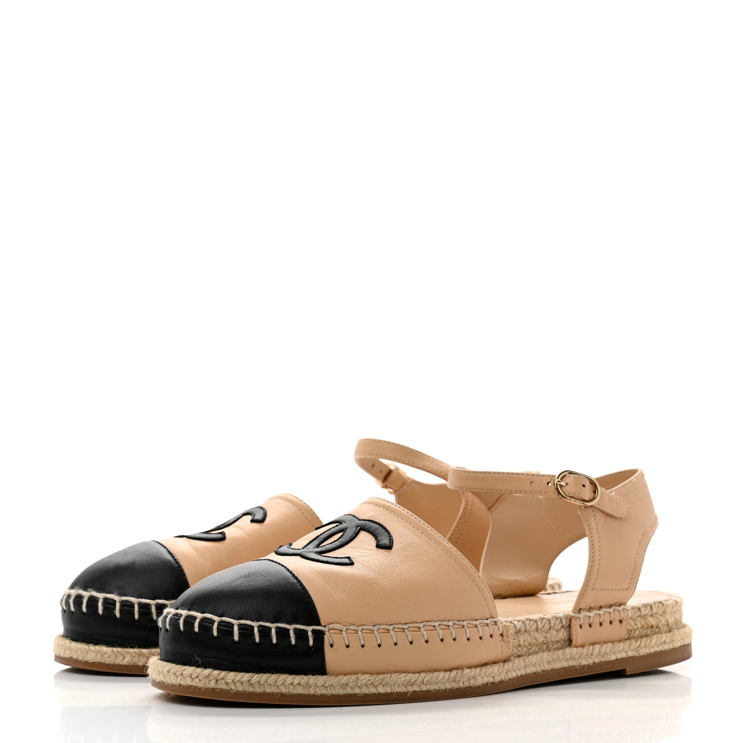 Chanel Lambskin Cap Toe CC Espadrille Sandals 39 Beige Black 3 of 8