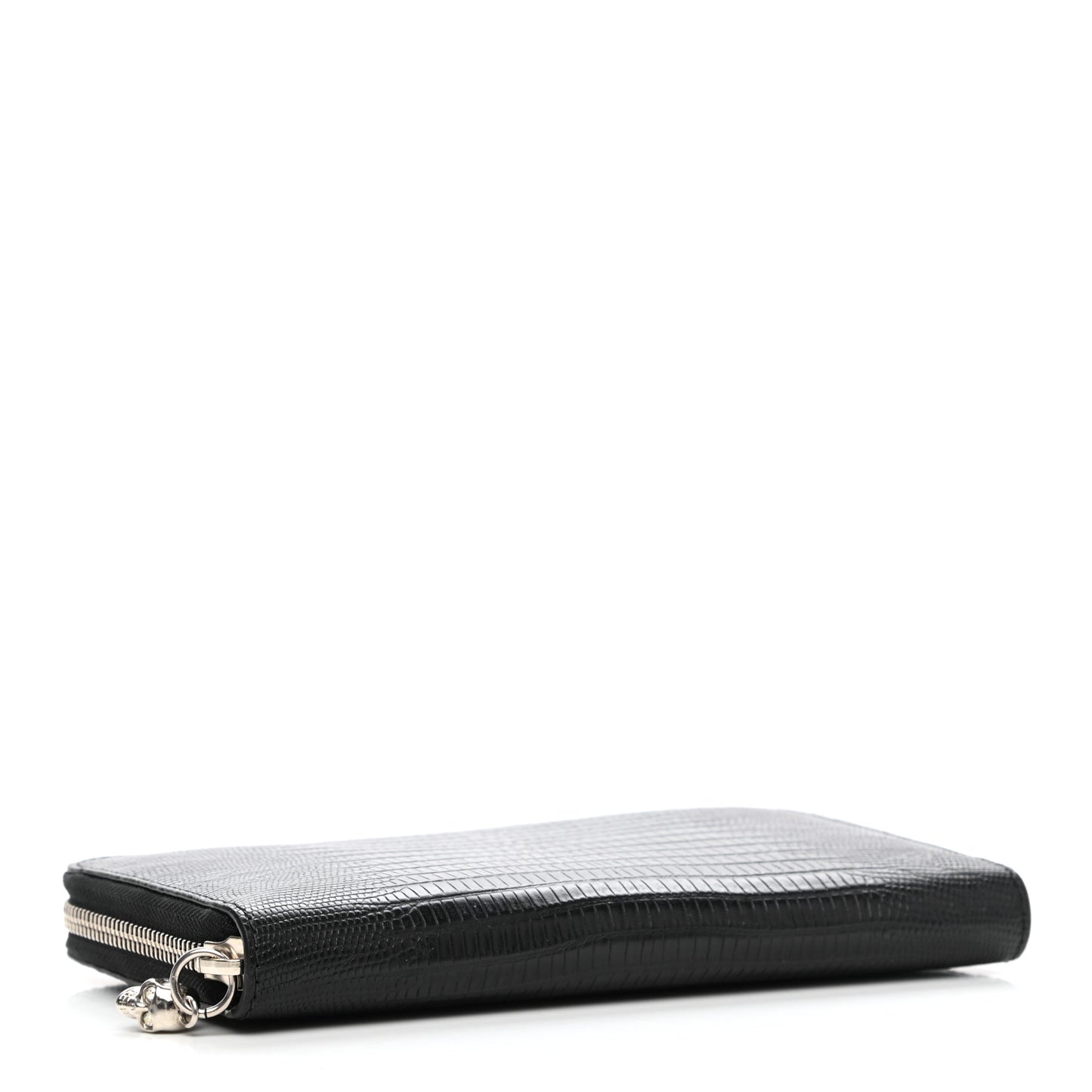 Calfskin Lizard Embossed Skull Continental Zip Wallet Black