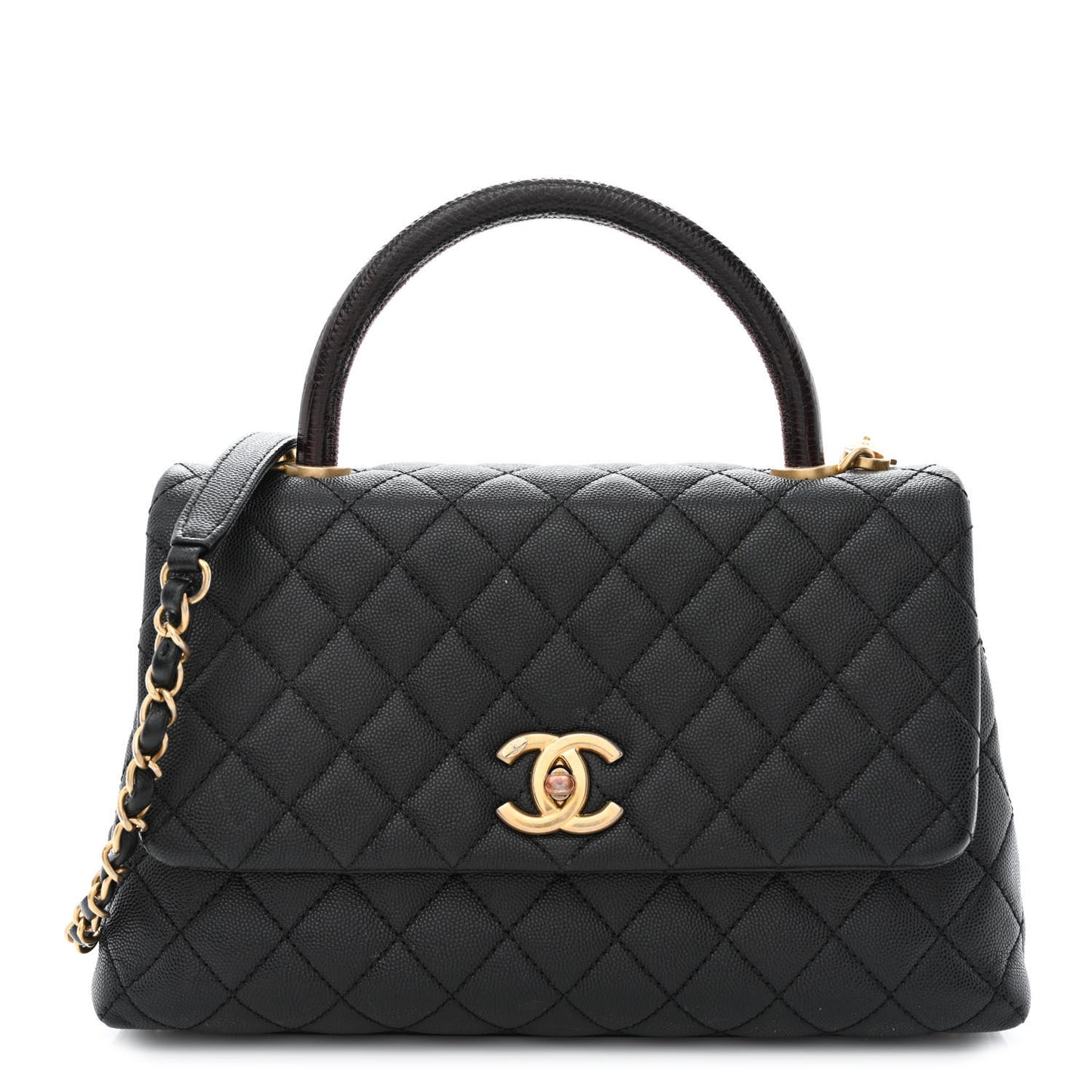 Caviar Lizard Embossed Quilted Small Coco Handle Flap Black