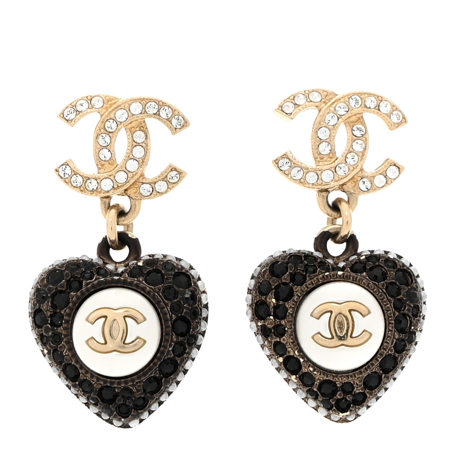 Chanel Pearl Crystal CC Heart Drop Earrings Gold Black White 1 of 4