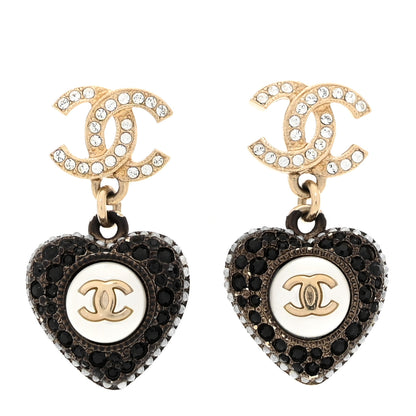 Chanel Pearl Crystal CC Heart Drop Earrings Gold Black White 1 of 4